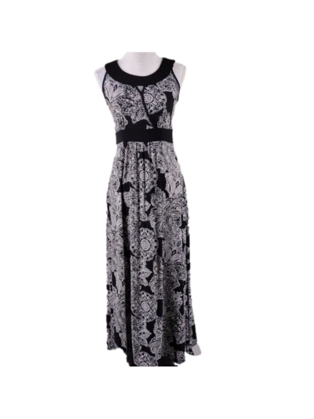 Susan Lawrence Black White Damask Print Scoop Neck Racerback Boho Maxi Dress